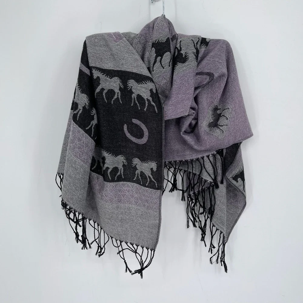 Pashmina Women's Grey Horse Horseshoe Silk Blend Fringe Wrap Shawl Scarf Size OS